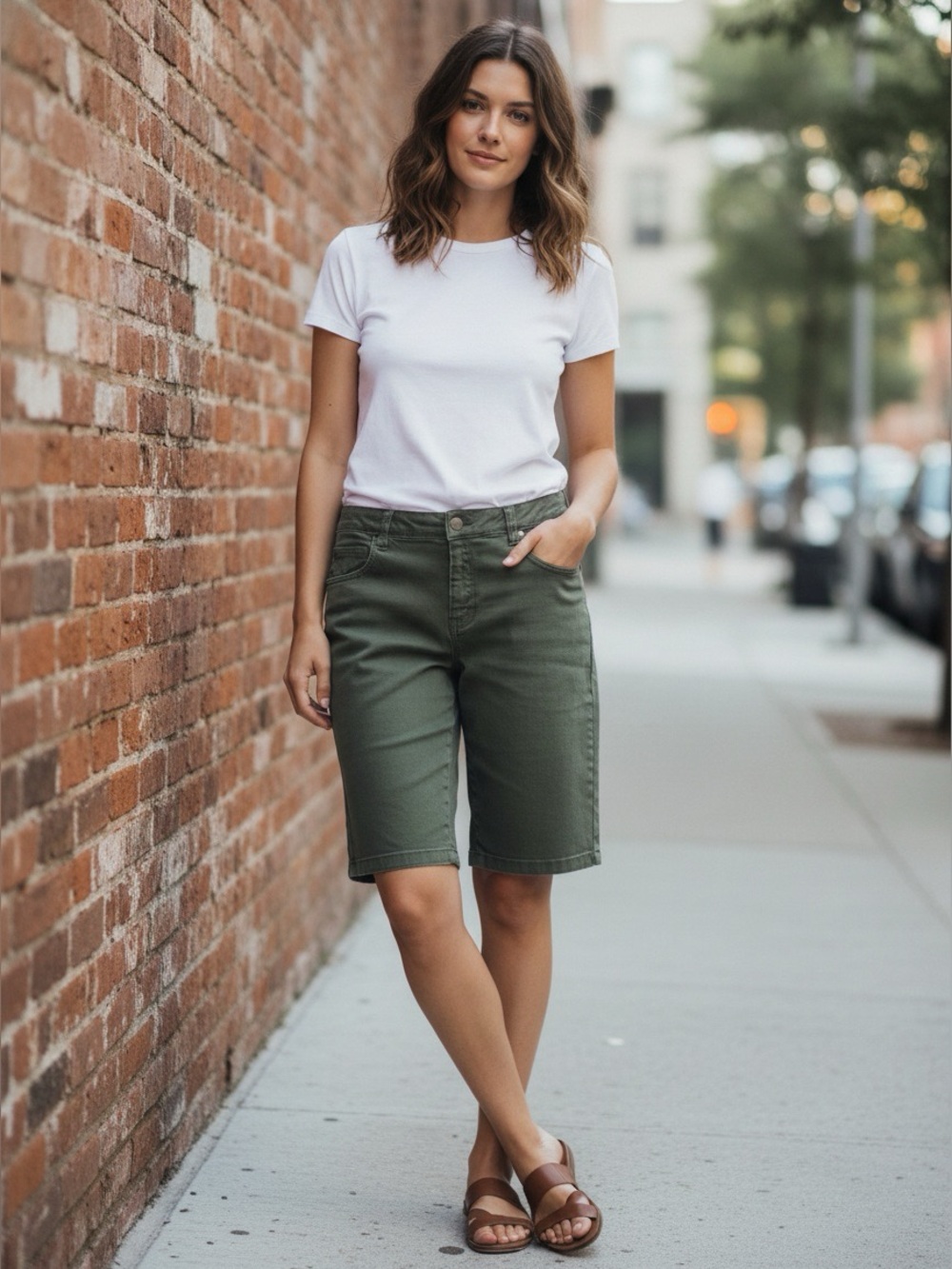 Norma Kamali Bermuda Denim Shorts Size 12 Olive Green Stretch Mid Rise NK29405